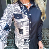 Chic Leisure Newspaper Print Blouse