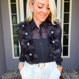 Falling Petals 3D Flower Blouse - Black