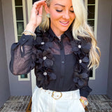 Falling Petals 3D Flower Blouse - Black