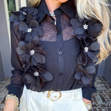 Falling Petals 3D Flower Blouse - Black