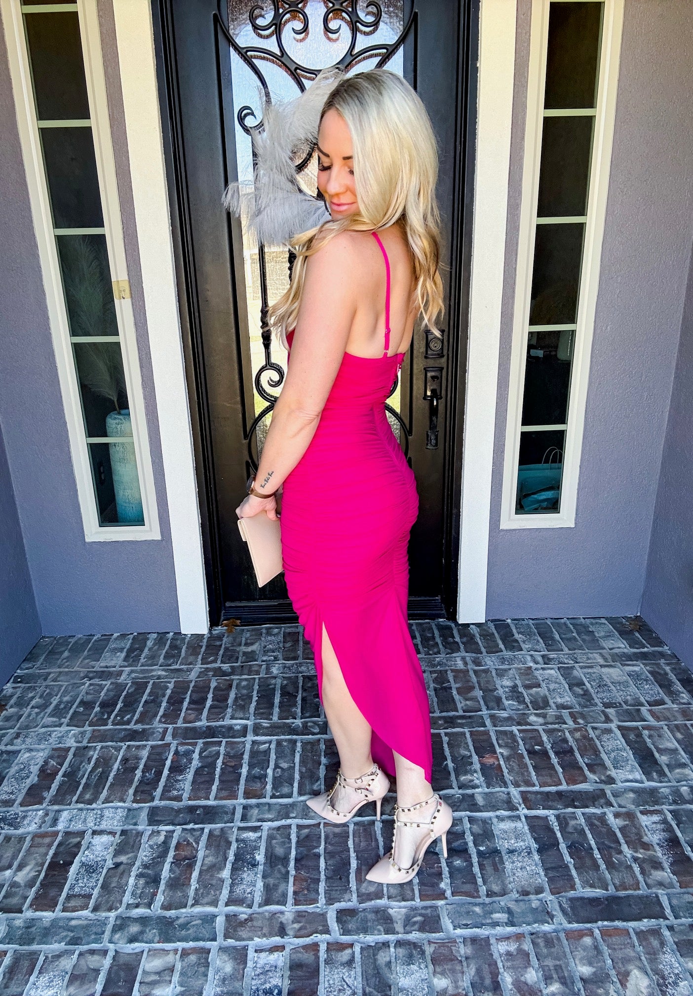 fuchsia bodycon dress WEDTREND Women Fuchsia Floral Midi Mother Of The Bride Dress Bodycon Jacquard Satin Bateau Neck Wedding Guest Dress with Half Sleeves, Fuchsia Flower