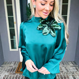 Emerald Opulence Sequin Flower Blouse