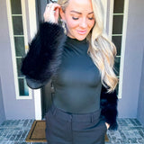The High Fashion Highness Fur Cuff Bodysuit - Black