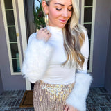 The High Fashion Highness Fur Cuff Bodysuit - White