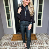 Sheer Obsession Faux Leather Collar Blouse