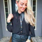 Sheer Obsession Faux Leather Collar Blouse
