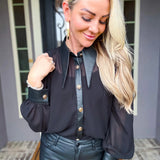 Sheer Obsession Faux Leather Collar Blouse