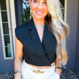 Editorial Edge Pinstripe Cropped Vest - Black