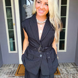 Running The Meeting Pinstripe Belted Vest