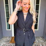 Running The Meeting Pinstripe Belted Vest
