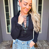 Style League Lace Up Knit Top - Black