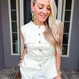 Le Luxe Belted Tweed Top - Cream
