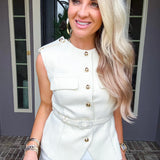 Le Luxe Belted Tweed Top - Cream