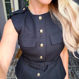 Le Luxe Belted Tweed Top - Black
