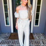 Manhattan Muse Off Shoulder Pinstripe Top