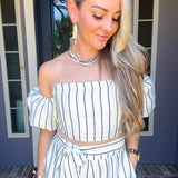 Manhattan Muse Off Shoulder Pinstripe Top