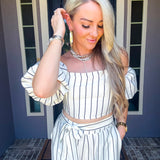 Manhattan Muse Off Shoulder Pinstripe Top