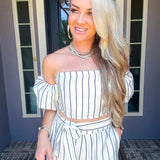 Manhattan Muse Off Shoulder Pinstripe Top