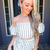 Manhattan Muse Off Shoulder Pinstripe Top
