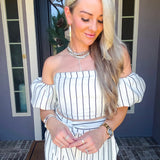 Manhattan Muse Off Shoulder Pinstripe Top
